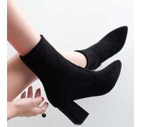 Damen Spitz Zulaufende Chunky Absatz Stretch Socken Stiefel für Frühling 2024, schwarze Wildleder Kniehohe Stiefel, zu Kleidern tragbar