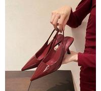 Damen Spitze Kitten Heel Pumps, Knöchelriemen Dünne Absätze Geschlossene Zehen Kleiderschuhe für Party, Arbeit, Outdoor, Rot (Fällt 1 Größe kleiner au