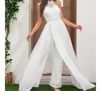 Damen Spitze Neckholder ärmellos eleganter Jumpsuit, hohe Taille ärmellos weite Hose mit Chiffon-Bändern für Hochzeit und andere Anlässe, weißes Kleid