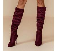 Damen Spitze Stiletto Absatz Sexy Party Overknee Stiefel, Veloursleder Schlupfstiefel Plissee Weinrot, Herbst/Winter