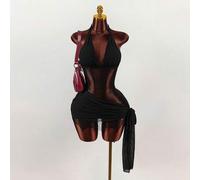 Damen Spitze Transparentes Mini-Kleid, geeignet für Party und Bankett, Wickelsaum mit Rüschen, tiefer Ausschnitt mit Mesh-Kontrast-Spitze, süß für Her