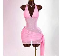 Damen Spitze Transparentes Wickelkleid, geeignet für Partys und Bankette, Mini-Kleid mit gerüschtem Saum, tiefer Ausschnitt mit Mesh und Kontrast-Spit