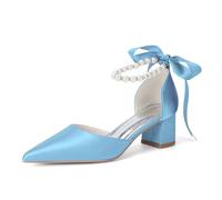 Damen Spitze Zehen Perlen Hochzeitsschuhe Für Braut Satin Klobiger Blockabsatz Brautschuhe Pumps Knöchelriemen Court-Schuhe,Sky Blue,40 EU