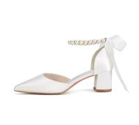 Damen Spitze Zehen Perlen Hochzeitsschuhe Für Braut Satin Klobiger Blockabsatz Brautschuhe Pumps Knöchelriemen Court-Schuhe,Blau,42 EU