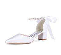 Damen Spitze Zehen Perlen Hochzeitsschuhe Für Braut Satin Klobiger Blockabsatz Brautschuhe Pumps Knöchelriemen Court-Schuhe,Weiß,38 EU