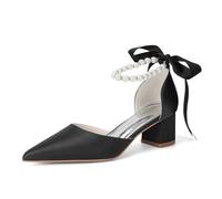 Damen Spitze Zehen Perlen Hochzeitsschuhe Für Braut Satin Klobiger Blockabsatz Brautschuhe Pumps Knöchelriemen Court-Schuhe,Schwarz,37 EU