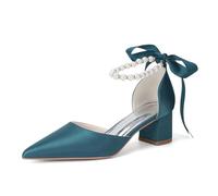 Damen Spitze Zehen Perlen Hochzeitsschuhe Für Braut Satin Klobiger Blockabsatz Brautschuhe Pumps Knöchelriemen Court-Schuhe,Teal,41 EU