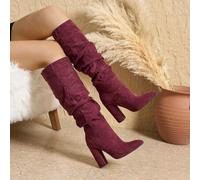 Damen Spitze Zehen Rüschen Plateau High Heel Slip-On Modestiefel, sexy Overknee Samt Weinrot Stiefel, Herbst/Winter, perfekt zu schwarzem Kleid, Burgu