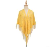 Damen-Spitzen-Dreieck-Schal mit Quaste, hohler, atmungsaktiver Polyester-Schal, durchbrochenes Design für den täglichen Gebrauch und Bohemian-Stil, handgehaktes Fransenzubehör (gelb)