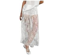 Damen Spitzen Maxirock Transparenter Rock Lang Festivals Spitzenrock Langer Partyrock Sexy Durchsichtige Röck mit Rüschen Elastische Taille A-Linie Swing Strandrock für Festivals Party (White, L)