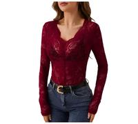 Damen Spitzen Oberteile Elegant Spitzenshirt Blusetop Tunika Bluseshirt Festliche Spitzentops mit V-Ausschnitt Spitze Semi Sheer Oberteil Langarm Stickerei Blumen Durchsichtig Bluse Shirt Tops (XXL)