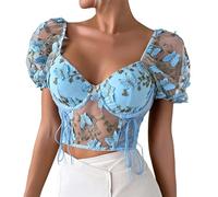 Damen Spitzen Oberteile Sexy Crop Tops Kurzarm T Shirt Korsett Top Transparentes Mesh Rückenfreies Oberteile V Ausschnitt Basic Bluse Slim Fit Netzoberteil Blusen Tuniken für Frauen