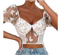 Damen Spitzen Oberteile Sexy Crop Tops Kurzarm T Shirt Korsett Top Transparentes Mesh Rückenfreies Oberteile V Ausschnitt Basic Bluse Slim Fit Netzoberteil Blusen Tuniken für Frauen