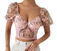 Damen Spitzen Oberteile Sexy Crop Tops Kurzarm T Shirt Korsett Top Transparentes Mesh Rückenfreies Oberteile V Ausschnitt Basic Bluse Slim Fit Netzoberteil Blusen Tuniken für Frauen