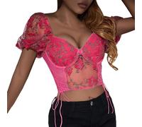 Damen Spitzen Oberteile Sexy Crop Tops Kurzarm T Shirt Korsett Top Transparentes Mesh Rückenfreies Oberteile V Ausschnitt Basic Bluse Slim Fit Netzoberteil Blusen Tuniken für Frauen