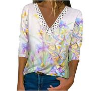 Damen Spitzen Oberteile Sommer Shirt 3/4 Arm Bluse Elegant V-Ausschnitt T-Shirt mit Blumen Aufdruck Häkel Spitzenbesatz Blusenshirt Tunika Tops Blusen & Tuniken für Frauen