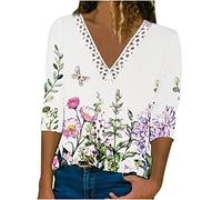 Damen Spitzen Oberteile Sommer Shirt 3/4 Arm Bluse Elegant V-Ausschnitt T-Shirt mit Blumen Aufdruck Häkel Spitzenbesatz Blusenshirt Tunika Tops Blusen & Tuniken für Frauen