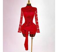 Damen Spitzenbluse, vintage rotes transparentes Minikleid mit Tunnelzug-Saum, Boho-Stil für Partys