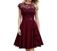 Damen Spitzenkleid Cocktailkleid Brautjungfer Elegant Party Knielang A Linie Swing Kleid für Hochzeit Chiffon Ärmellos Abendkleid Damenkleider mit Gürtel