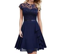 Damen Spitzenkleid Cocktailkleid Brautjungfer Elegant Party Knielang A Linie Swing Kleid für Hochzeit Chiffon Ärmellos Abendkleid Damenkleider mit Gürtel