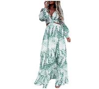 Damen Spitzenkleid Elegant Erstkommunion Kleid Weiss Drucken Hollow Out V-Ausschnitt Kleider Langarm Rüschen A-Linie Swing Hohe Taille Bohokleid Bandeau