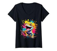 Damen Splash Art Gecko-Design mit Wappen, lustiger Gecko-Liebhaber T-Shirt mit V-Ausschnitt