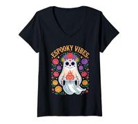 Damen Spooky Vibes Día de los Muertos Ghost Sugar Skull mit Blumenmuster T-Shirt mit V-Ausschnitt