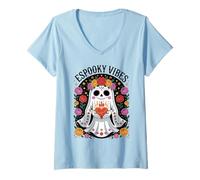 Damen Spooky Vibes Día de los Muertos Ghost Sugar Skull mit Blumenmuster T-Shirt mit V-Ausschnitt