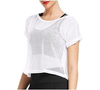 Damen Sport Shirt Transparent Tüll Mesh Top Locker Oberteile Netz Kurzarm Cover-Up Crop Tops Leicht Atmungsaktiv Sporttop Schnell Trocknendes T-Shirt für Fitness Yoga Laufen Wandern Fahrrad Radfahren