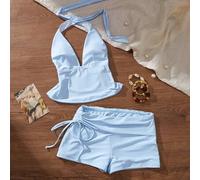 Damen Sport-Stil Badeanzug Set, V-Ausschnitt Hoch Taillierte Badeshorts, Hellblauer Badeanzug, geeignet für Fitnessstudio, Musikfestivals, Schwimmbad