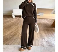 Damen Sportlicher Strickpullover mit Kontrastrand, Stehkragen und halbem Reißverschluss, Strickhose mit hoher Taille und weitem Bein, zweiteiliges pas