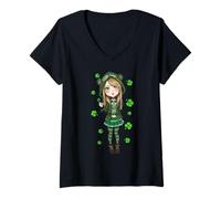 Damen St Patrick's Day Ästhetisches Kleeblatt Anime Little Lucky Girl T-Shirt mit V-Ausschnitt