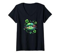 Damen St.Patricks Day grüner Kussmund grüne Lippen Lustiges Irland T-Shirt mit V-Ausschnitt