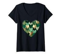 Damen St. Patricks Day grünes Kleeblatt in Herzform, handbemalt T-Shirt mit V-Ausschnitt