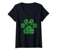 Damen St. Patricks Day Hundepfote, vierblättriges Kleeblatt, Welpenliebhaber, Grün T-Shirt mit V-Ausschnitt