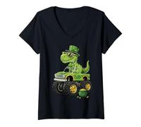 Damen St Patricks Day T Rex Monster Truck Dino Kinder Jungen T-Shirt mit V-Ausschnitt