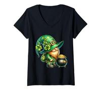 Damen St. Pattys Day Love Green Shamrock and Funny Irish Gnomes T-Shirt mit V-Ausschnitt