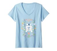 Damen Star Wars Cute R2D2 Floral Spring Vibes Big Chest Logo T-Shirt mit V-Ausschnitt