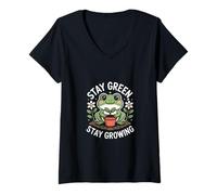 Damen Stay Green Stay Growing Frosch Pflanze Natur Wachstum T-Shirt mit V-Ausschnitt