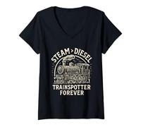 Damen Steam Over Diesel Schienendesign im Vintage-Stil im Trainspotter-Design T-Shirt mit V-Ausschnitt