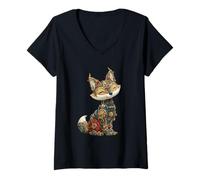 Damen Steampunk Christmas Fox Women Men Kids Steampunk Fox T-Shirt mit V-Ausschnitt