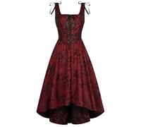 Damen Steampunk Kleider High-Low Saum Square Neck A-Linie Cosplay Retro Midi Cocktailkleider Weinrot 36