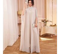 Damen Stehkragen einfarbiges 2-in-1 Chiffon-Kleid mit Vorderteil-Teilung, Stickerei, Pailletten- und Perlendekorationen, elegante Maxilänge, geeignet