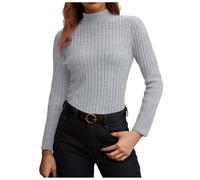 Damen Stehkragen Enges Basic Oberteile Stretch Unterziehrolli Winter Slim Fit Stehkragenshirt Thermo Oberteil Langarm Herbstpullover Eleganter Feinstrickpullover Weicher Rippstrick (Grey, M)