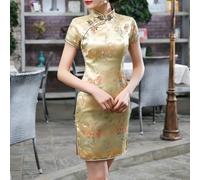 Damen Stehkragen Kleid mit chinesischer Ästhetik und detaillierter Drachenstickerei für Lagenlooks (XXL Gold)