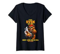 Damen Steht Sven am Grill - lustiger Spruch Bär Namen Grillen T-Shirt mit V-Ausschnitt