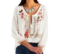 Damen Stickerei Boho Shirt 3/4 Ärmel meln mexikanische Bohemian Tops Tunika Bluse - Weiß - Klein