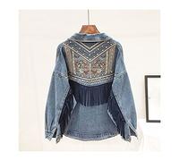 Damen Stickerei Jeansjacke - Blume Wildleder Fransen Fashion Revers Jeans Oberbekleidung, Quaste Streetwear Langarm Damen Herbst Lose Cowboy Tops Mantel Für Damen Übergröße S - XL,Marineblau,S