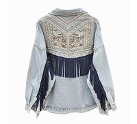 Damen Stickerei Jeansjacke - Blume Wildleder Fransen Fashion Revers Jeans Outwear, Quaste Streetwear Langarm Damen Herbst Lose Cowboy Tops Mantel Für Damen Plus Größe S - XL,Marineblau,XL