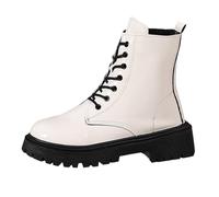 Damen-Stiefel aus Lackleder, mit Schnürsenkeln, flache runde Spitze, kurze Stiefel, elegant, Reißverschluss, dicke Sohle, rutschfest, leicht, modisch, Damenschuhe, Herbst, Winter, weiß, 37 EU